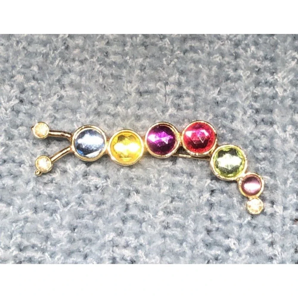 Gold Tone Caterpillar Brooch Multicolor Rhinestone Figural Insect Statement Pin